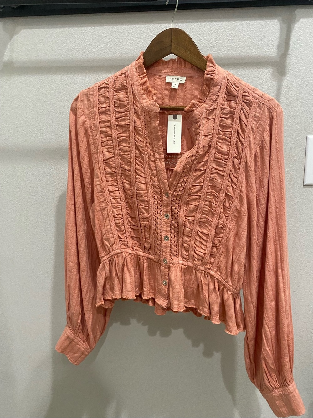Anthropologie Pilcro Coral Button-Front Ruffle Pintuck Blouse